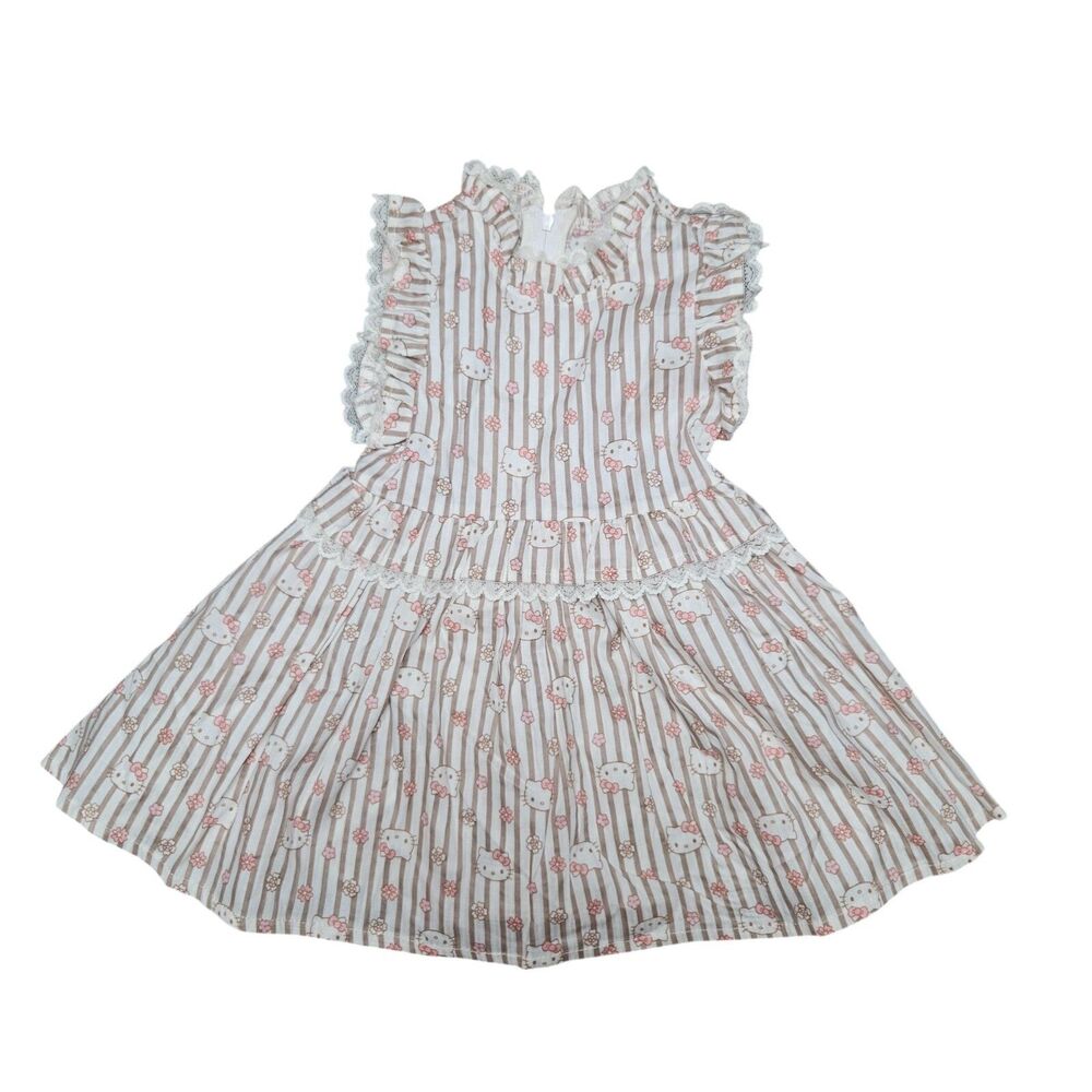 Hello Kitty Sanrio 2024 Brown Striped Dress Size 2T 100% Cotton Ruffle Summer